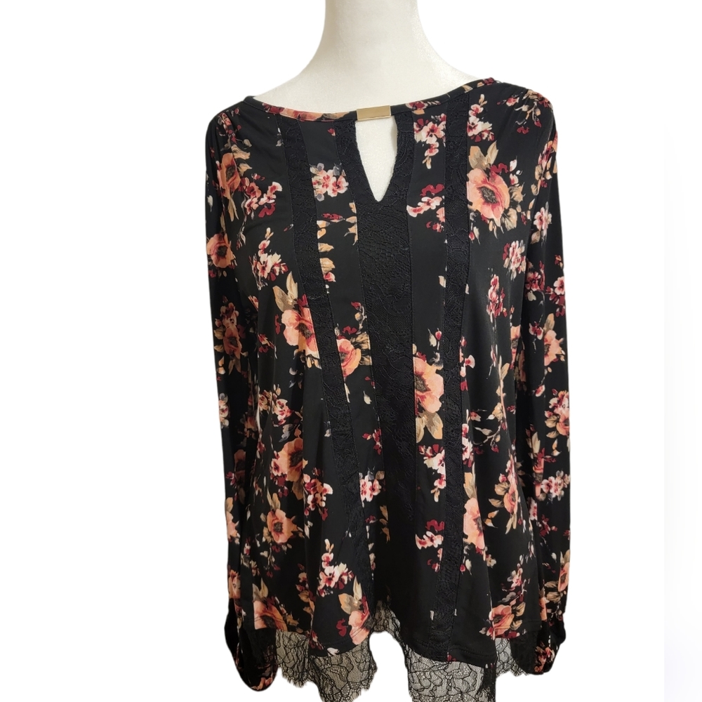 WHBM womens size small black floral and lace long sleeve blouse